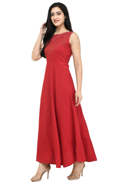 Oceanista Women's Crepe Embellished Partywear Red Maxi Dress